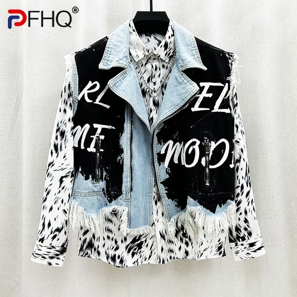 Coletes masculinos PFHQ Graffiti Colete Personalizado Riscado Borda Ragged Design Denim Carta Irregular Nicho Zippers Colete Curto 21Z2125 230908