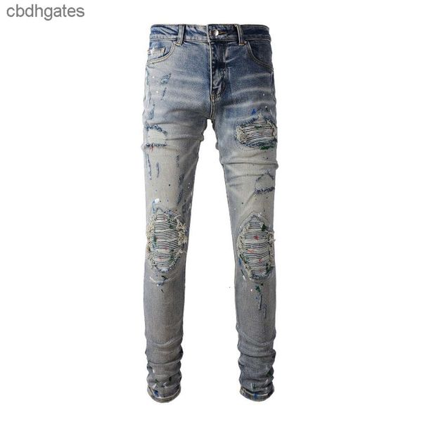 Hohe Jean Amiirii Mode Lila 2023 Demin Jeans Straße Herren Cut Loch Speckle Graffiti Patch Elastische Slim Fit Hosen #883