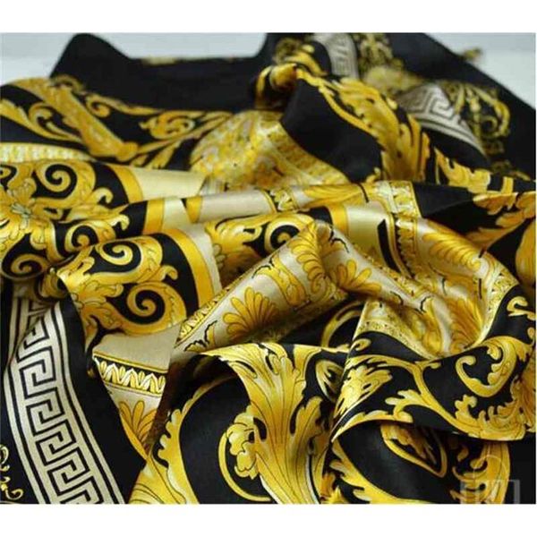 Sciarpe di seta 100% stile famoso di donna uomo tinta unita oro collo nero stampa scialle morbido sciarpa di seta da donna Square249i
