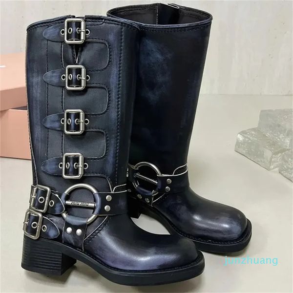 Designer -Belt Buckled Cowhide Couro Biker Joelho Botas Chunky Heel Zip Knight Botas Moda Square Toe Ankle Bootes para Mulheres Luxo Designer Sapatos Fábrica