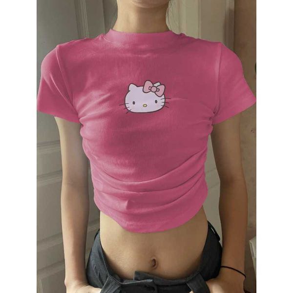 Deeptown Kawaii Stile Preppy Cartoon T-shirt Donna Dolce stile coreano Carino manica corta Crop Top 2000s Estetica Magliette Y2k