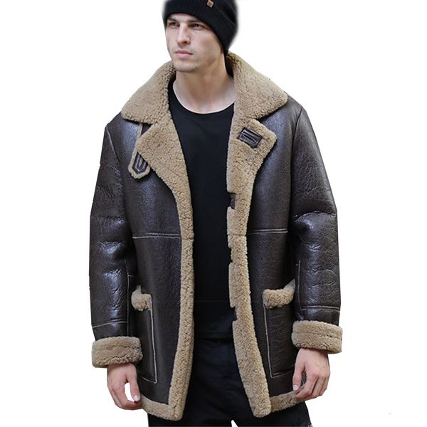 Heren Leer Faux LUHAYESA Dikker Warme Natuurlijke Schapenvacht Bont Shearling Mannen Echte Echte Jas Winter Bruin Mode Kleding 230908