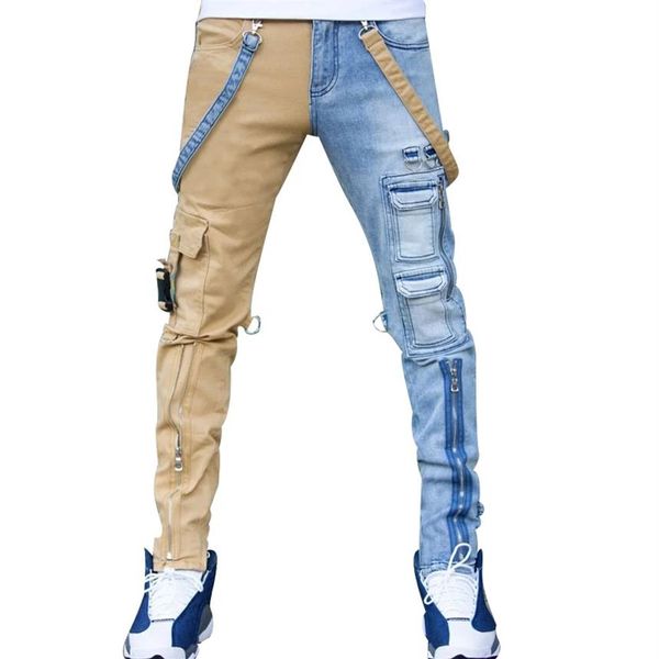 Jeans masculinos high street macacão reto homens oversized hip-hop amarelo azul denim calças moda masculina casual jean2798