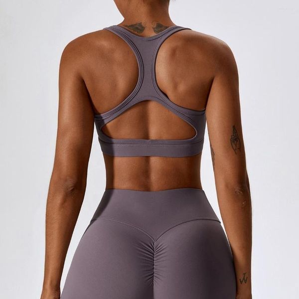 Yoga-Outfit für Damen, Stretch, Kompression, bügelfrei, unterstützender BH mit offenem Rücken, sexy, einfarbig, Outdoor-Training, Laufen