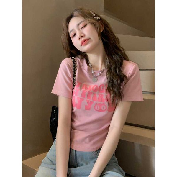 Deeptown estilo coreano carta rosa camisetas femininas harajuku moda magro manga curta colheita topo streetwear y2k casual tshirts chique