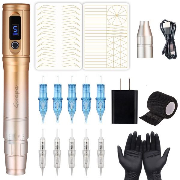 Tattoo Maschine Goldene Drahtlose Augenbraue Lip Microblading Permanent Make-Up Rotary Kit Professionelle PMU Für Körper Kunst y230907