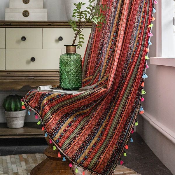 Прозрачные шторы Gaya Bohemian Amerika Garis Penyepuhan Merah Pencetakan Linen Katun Semi Transparan Ruang Tamu Pemadaman Tirai Jendela Rumah 230907