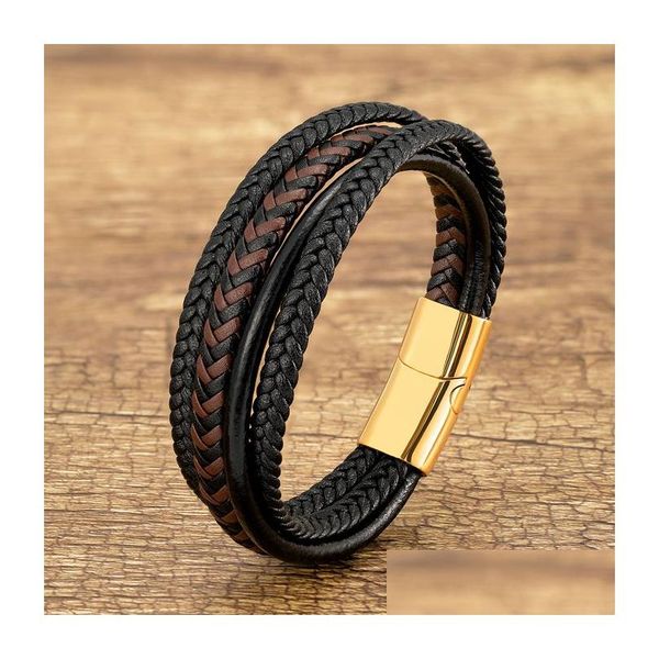 Charm Armbänder Herren Mtilayer Geflochtenes Lederband Edelstahl Magnetische Schnalle Vintage für Frauen Modeschmuck 230215 Drop Deliv Dhzsj