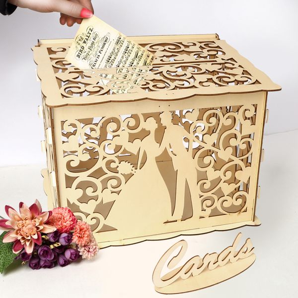 Outros suprimentos de festa de evento Caixa de cartão de casamento Caixas de madeira Suprimentos de casamento DIY Casal Deer Bird Flower Padrão com bloqueio Envelope Cartão de visita Caixa de madeira 230907