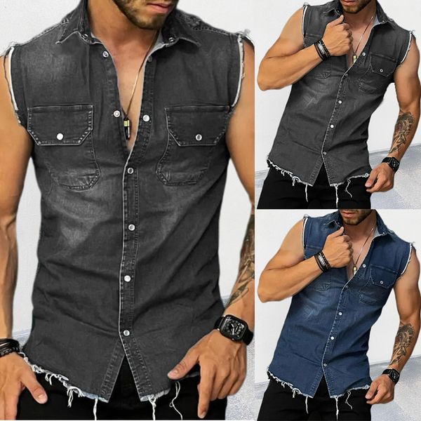 Coletes masculinos moda homens denim colete tanque top lavado jeans colete homem cowboy hip hop sem mangas streetwear jaqueta cor sólida camisas 230908