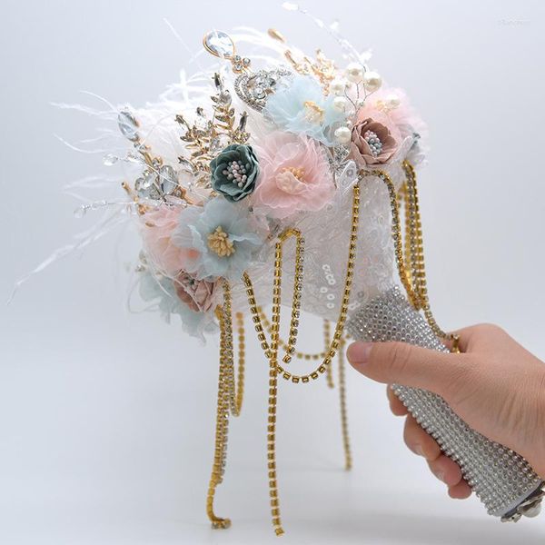 Fiori nuziali Bouquet di spille da sposa di lusso Gioielli di perle di cristallo Bouquet da sposa retrò in argento su misura