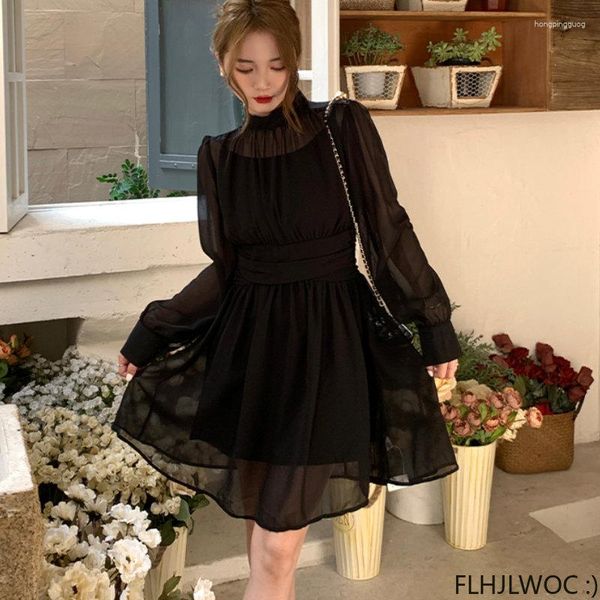 Vestidos casuais 2023 chique elegante reunião anual preto malha sheer vestido moda mulheres gola francesa design longo vestidos
