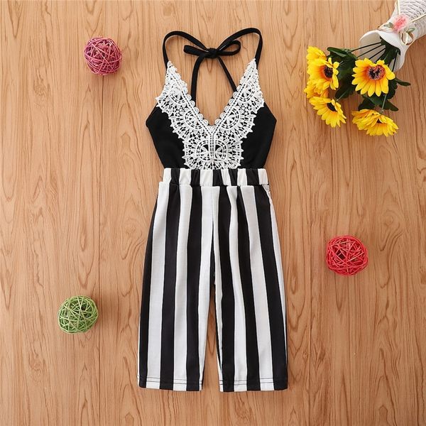 Strampler Kinder Mädchen Spitze Overalls Niedlich Weiß Schwarz Gestreiften Overall 2 bis 6 Jahre Kinder Sommer Kleidung Mädchen 230907