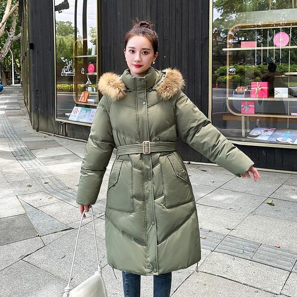 Casacos de trincheira femininos 2023 gola de pele longo parka com capuz para baixo algodão puffer jaquetas grosso quente coreano snowsuit manga bolso cinto