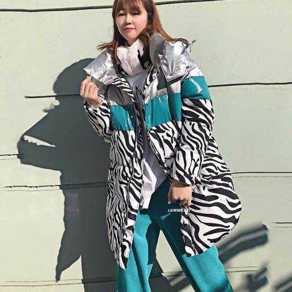 Trench da donna 2023 Cappotto invernale da donna Donna con cappuccio Manica lunga Sciolto Zebra a righe Piumino Mantello Abiti da neve Cotone
