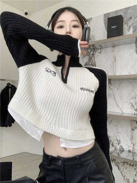 Deeptown Y2k Kpop Schwarz Weiß Crop Pullover Frauen Koreanischen Stil Hippie Vintage Patchwork Gefälschte Zwei Stück Strick Top Harajuku Pullover