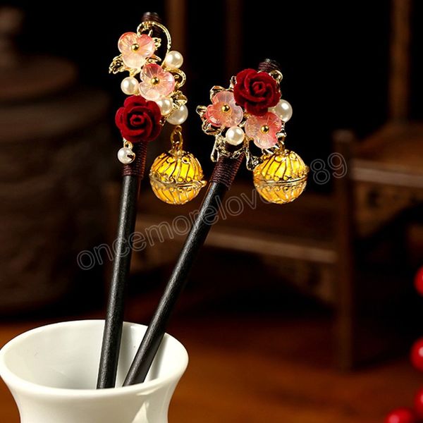 Lanterna floreale a forcina Bastoncini luminosi per capelli cinesi per feste Hanfu, legno di sandalo, perle, forchette per capelli, fermagli per capelli vintage