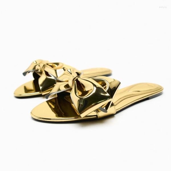 Sandálias 2023 Zaza Mulheres Bow Flats Verão Sexy Gold Couro Slides Casuais Chinelos Ao Ar Livre Feminino Moda Praia