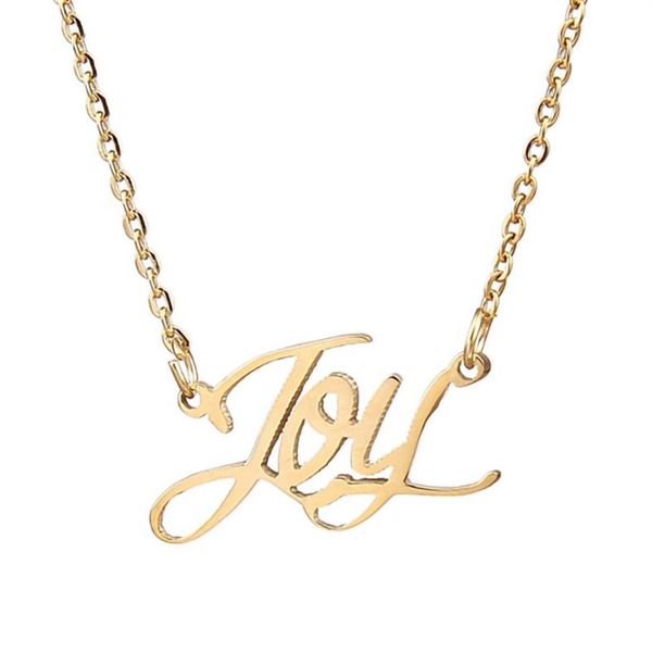 Ожерелья с подвеской, ожерелье с именем радости, персонализированное женское колье из нержавеющей стали, 18-каратное позолоченное ювелирное изделие с буквами алфавита, подарок друзьям Gift252n