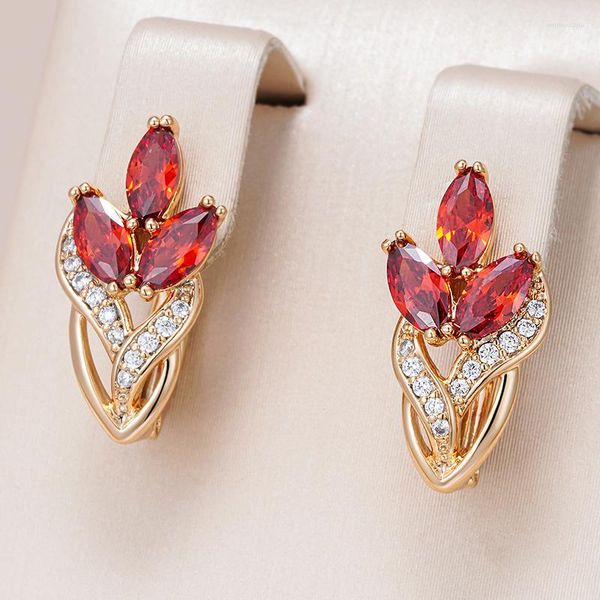 Baumelnde Ohrringe Kinel 585 Roségold Farbe Kristall Blatt Tropfen Für Frauen Rot Natürlicher Zirkon Zubehör Party Alltag Vintage-Schmuck