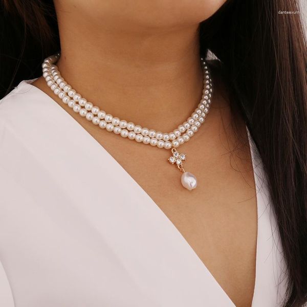 Girocollo Elegante collana con ciondolo di perle barocche con zirconi per le donne Doppio diamante di lusso Regalo di fidanzamento per la sposa Gioielli da sposa