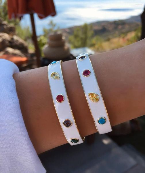 Pulseira geométrica diferentes formas cores pedra zircônia cúbica larga para mulheres cor branca esmalte moda jóias