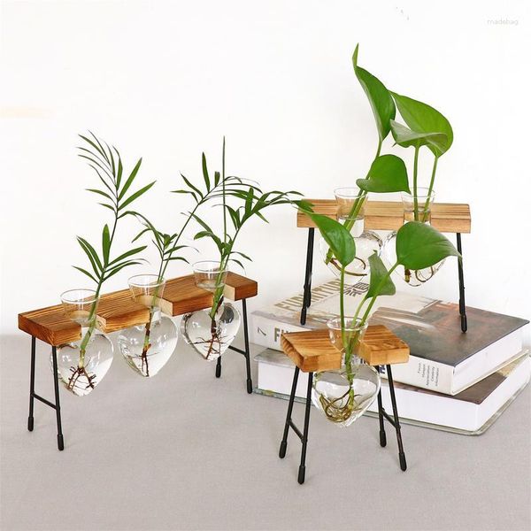 Vasos em forma de coração mesa lâmpada vaso para plantas hidropônicas com suporte de madeira planta em miniatura terrário casa ornamentos decorativos