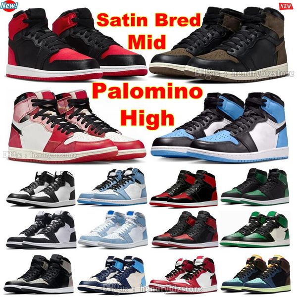 Scarpe da basket Palomion di razza alta satinata 1S Mid Hyper Royal Grigio fumo chiaro Twist scamosciato Unc Toe Treu Blu Bianco Moka scuro Verde brevetto Blu Joy Court Scarpe da ginnastica viola