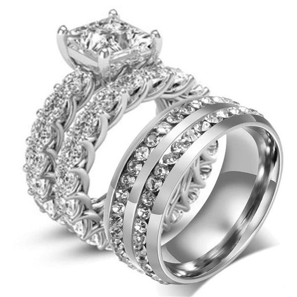 Anéis de casamento anel de noivado conjuntos de aço inoxidável cz zircão cúbico quadrado e redondo casal étnico2942