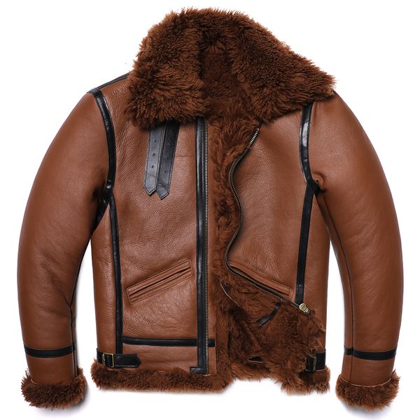 Couro masculino falso marrom grosso ovelha shearling lã jaqueta original pele ecológica genuína pele de carneiro masculino casacos quentes jaquetas de vôo 230908