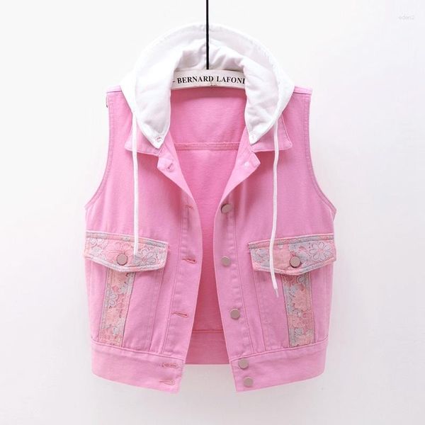 Chalecos de mujer con capucha gran bolsillo chaleco de mezclilla mujeres rosa blanco chaleco suelto corto vaquero sin mangas chaqueta encaje bordado jeans femenino