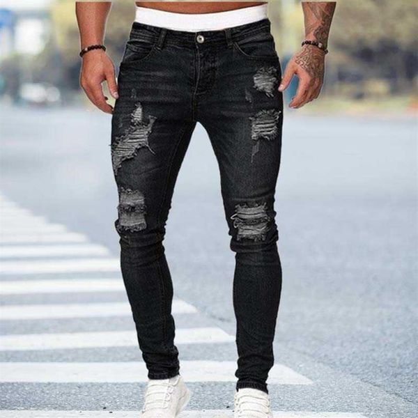 Preto calças de brim magros homens rasgados jeans masculino 2021 novo casual buraco verão rua hip hop magro denim calças homem moda jogger x205j