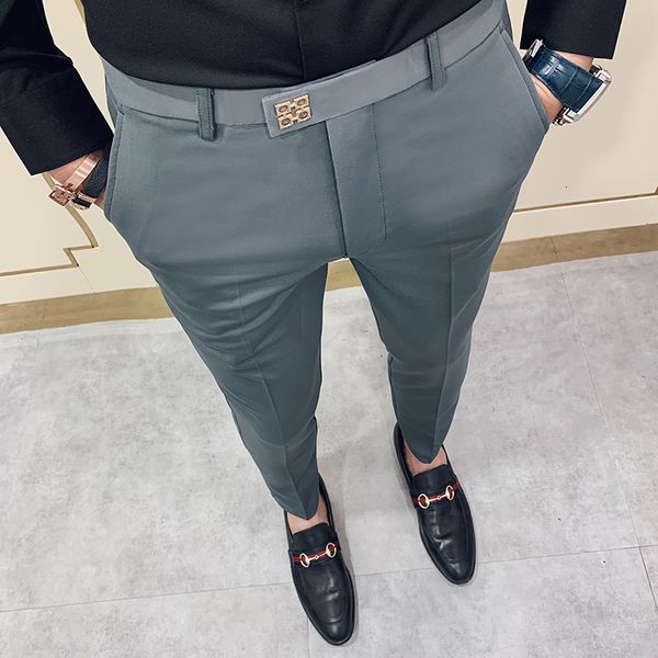 Calças masculinas primavera calças masculinas coreano magro ajuste casual tornozelo comprimento calças streetwear homens de alta qualidade preto cinza vestido terno pant homem 230907
