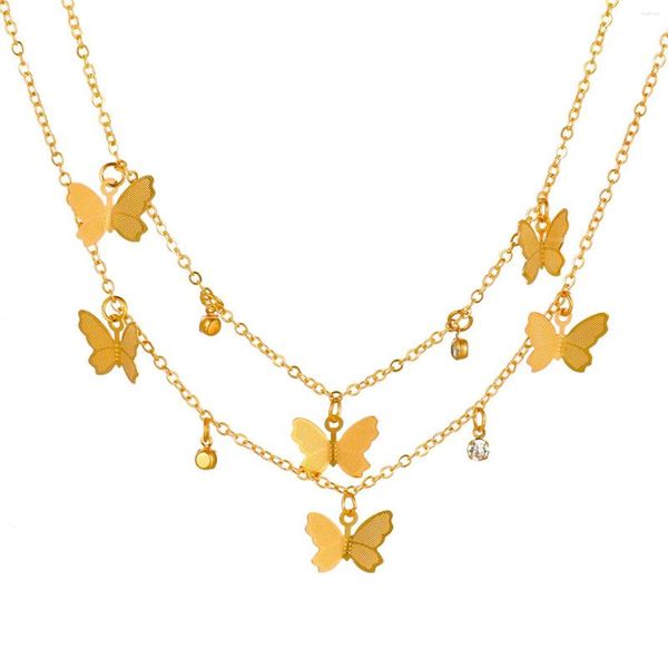 Ожерелья с подвесками, инкрустированные бриллиантами, двухслойные, Золотая бабочка, металлическое винтажное ожерелье, цепочка на ключицы, ошейники Para Mujer