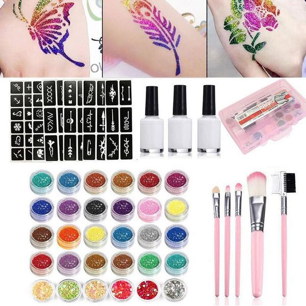 Altro Fornitura di trucco permanente 30 colori Diamond Flash Glitter Powder Template Tattoo Set 60 per bambini adulti Face Body Art Painting y230907