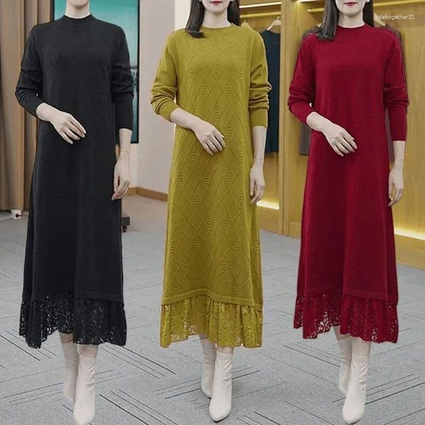 Повседневные платья 2023, женское осенне-зимнее вязаное платье, модное офисное женское лоскутное кружевное подол, женское длинное платье с круглым вырезом большого размера, высокое качество
