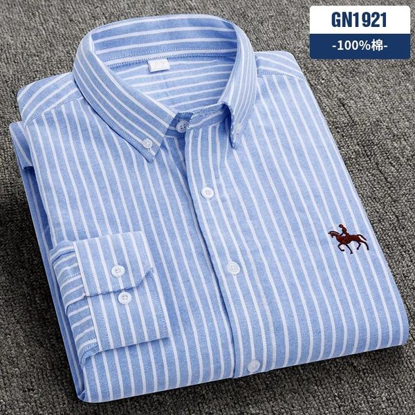 Algodão oxford xadrez listrado camiseta masculina casual manga longa topos masculino camiseta pônei coreano roupas casuais bordado cavalo topo