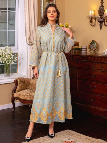 Abbigliamento etnico Jalabiya per le donne Ricamo dorato con cintura Abito arabo Abbigliamento islamico Dubai Abito da sera saudita Abaya musulmano Ramadan