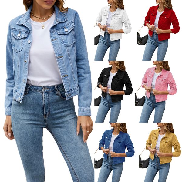 Giacche di jeans da donna Moda femminile Casual Manica lunga Risvolto Solido Bottone sul petto Tasca sul petto Slim Giacca di jeans Autunno Inverno Cappotto 230908