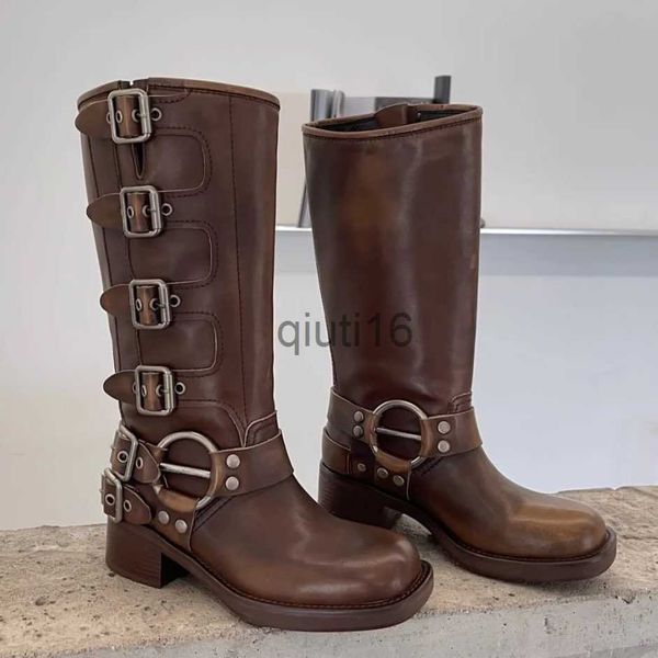 Scarpe eleganti Fibbia della cintura Tacco grosso Pelle bovina Stivali al ginocchio da motociclista tacco grosso Stivali da cavaliere con cerniera Stivali vintage al ginocchio Stivali western Scarpa di design di lusso x0908