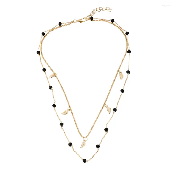 Anhänger Halsketten Schwarze Perlen Halskette Mode Legierung Blatt Mehrschichtige Kette Kreativ