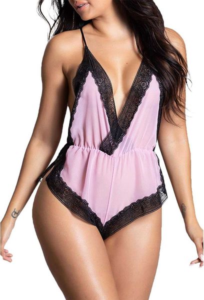 Sexy pijamas femininos sexy roupa interior teddy rendas collants profundo decote em v pendurado pescoço pijamas malha transparente uma peça boneca pijamaslf230908