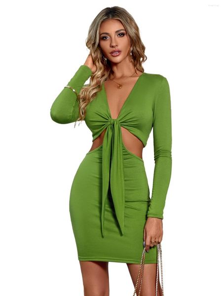 Vestidos casuais lazer sexy feminino outono e inverno cor sólida manga comprida vestido de malha com decote em v para mulheres