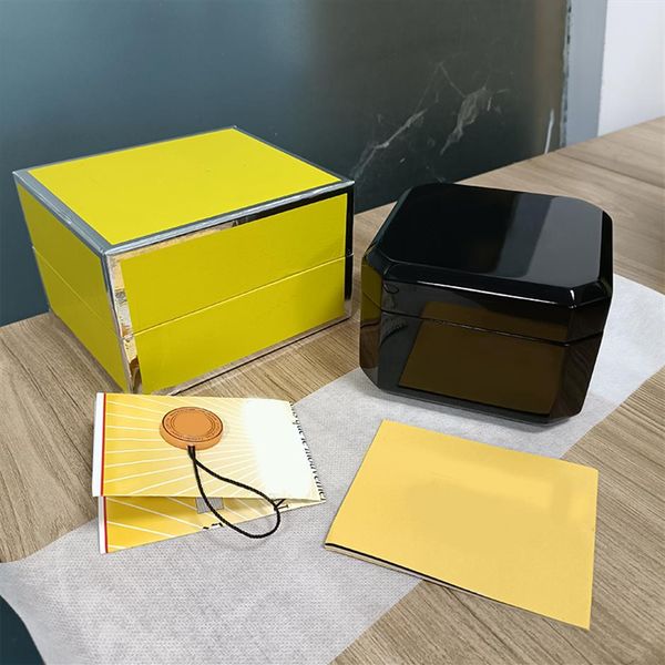 Custodie alte Qualità Scatola nera Plastica Ceramica Pelle Materiale Manuale Certificato Giallo Legno Imballaggio esterno Orologi Accessori C307M