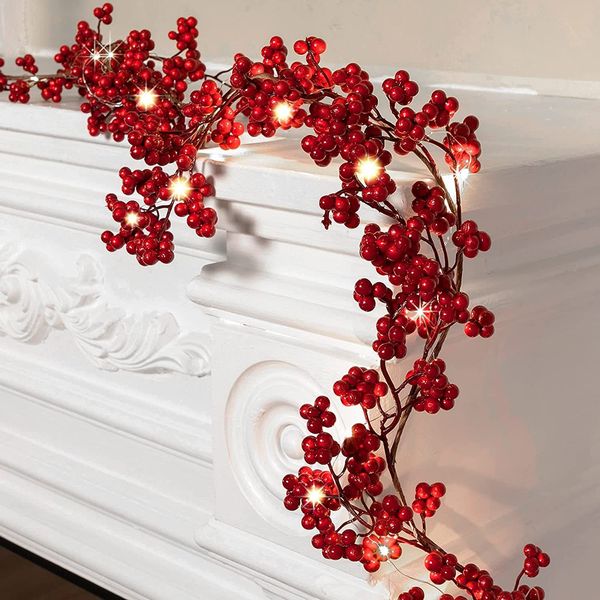 Weihnachtsdekoration, 59 Fuß 180 cm, rote Beerengirlande, optionale Beleuchtung, Gold, Silber, künstliche Dekoration für das Jahr 230907