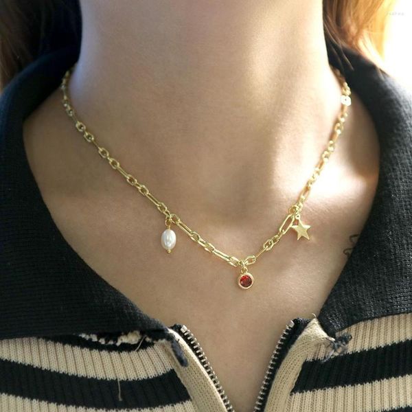 Anhänger Halsketten Trendy Elegante Stern Halskette Micro-Intarsien Runde Zirkon Perle Gold Farbe Kurze Schlüsselbein Kette Für Frauen Mode Schmuck