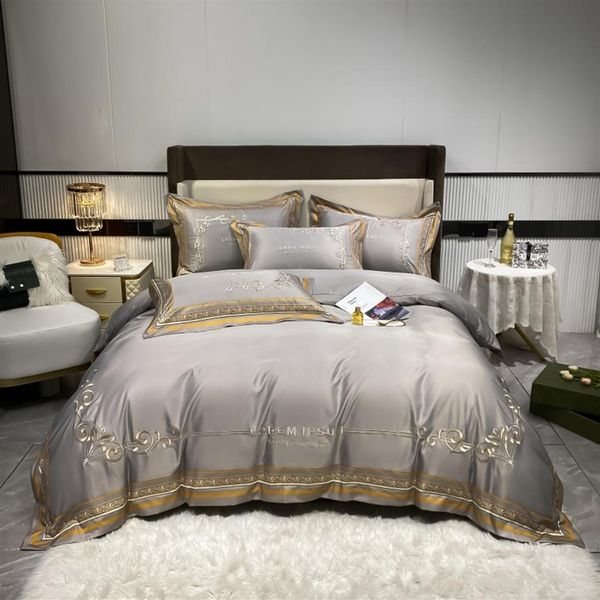 Ouro prata café bordado luxo conjunto de cama rainha rei tamanho mancha roupa cama 4 pçs algodão seda conjuntos capa edredão bed2557