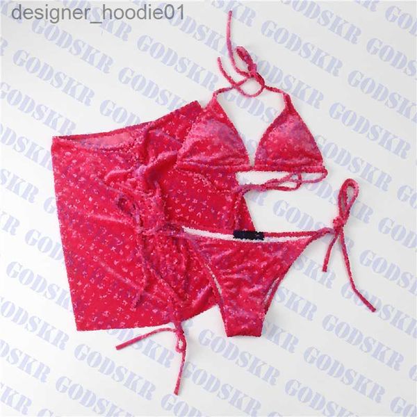 Costumi da bagno da donna Jacquard Costumi da bagno da donna Tre pezzi Bikini in velluto Costume da bagno Moda Donna Costume da bagno Gonna da bagno L230909