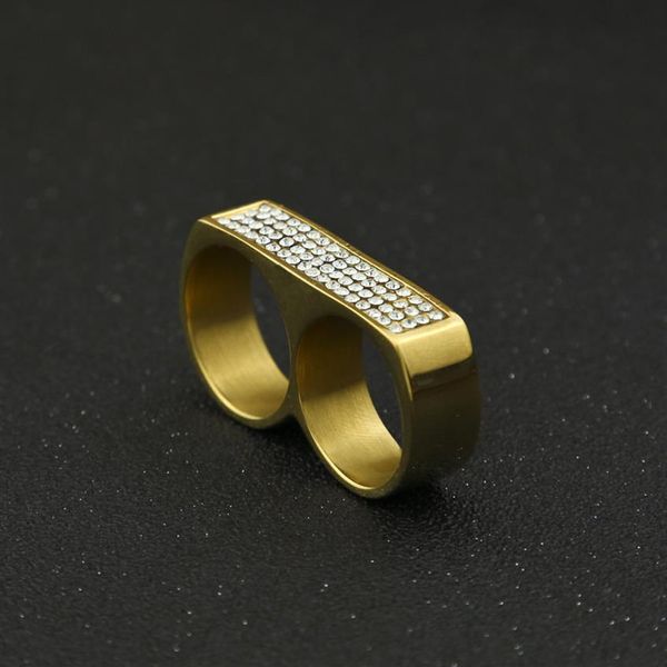 Anel de dedo duplo masculino moda hip hop jóias de alta qualidade gelado de aço inoxidável anéis de ouro 220h