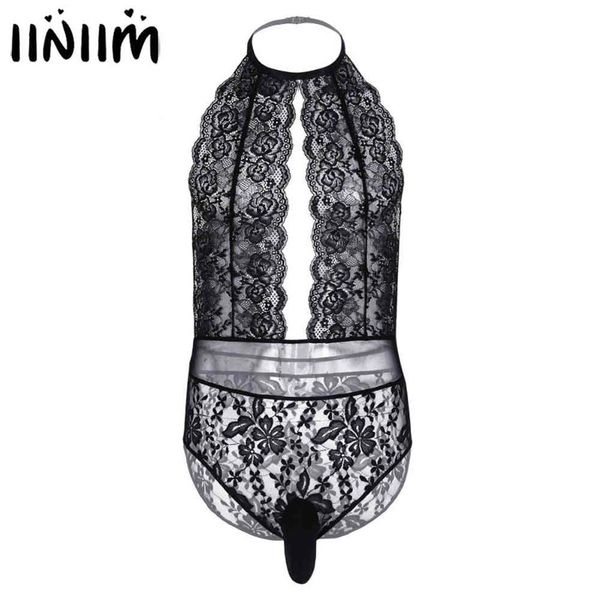 Lingerie da uomo Body in pizzo trasparente Crossdress Intimo sexy Backless Cut Out Sissy Gay Male Pouch Jockstraps Nightwear225m